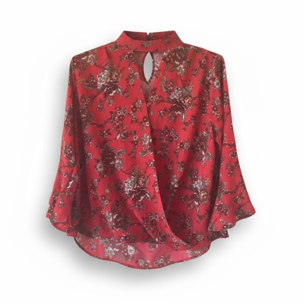 Monteau Red and Gray Wrap Blouse with Bell Sleeves NWOT